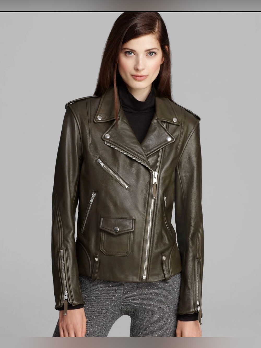 Theory Dalayan Calf Leather Moto Jacket Olive Green Size S